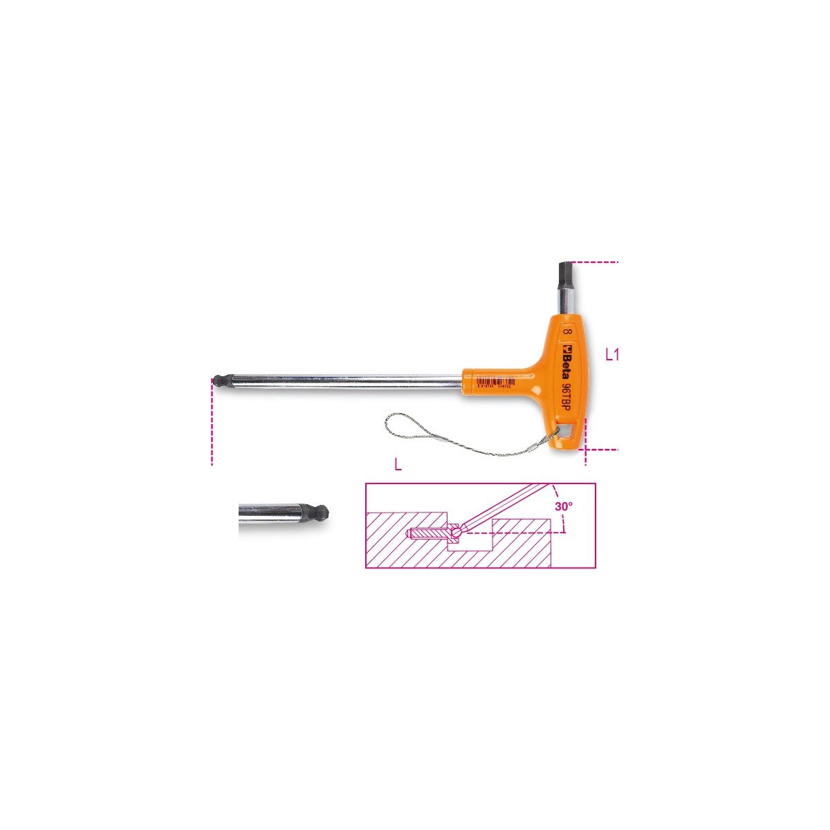 Clé mâle 6 pans coudée à tête sphérique et à poignée en T, chromée, H-SAFE 96TBP-HS 2,5